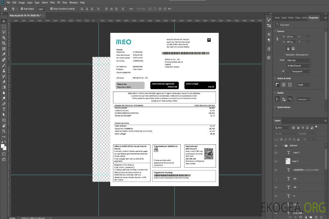 Modèle de facture de services publics pour les entreprises Portugal MEO aux formats Word et PDF, entièrement modifiable template